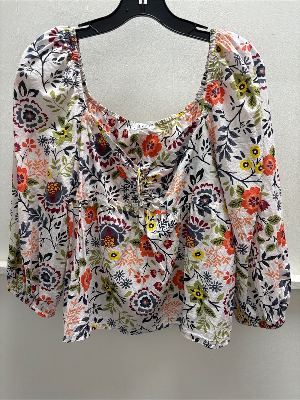 Velvet White Floral Peasant Blouse with Orange, Yellow & Navy Accents
